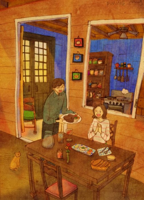 Ilustración de pareja sorprendiéndose con una cena