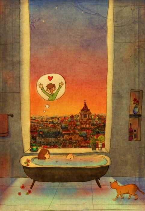 Ilustración de pareja tomando un baño y pensando en el otro 