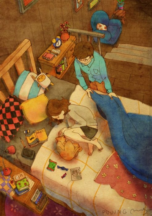 Ilustración de pareja durmiendo juntos 