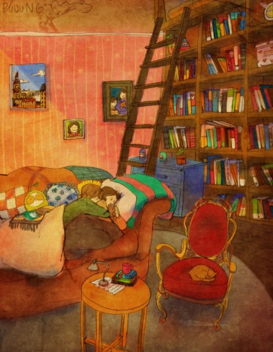 Ilustración de pareja leyendo un libro 