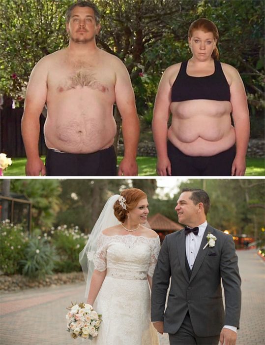 Pareja de novios antes y después de perder peso para el día de su boda 
