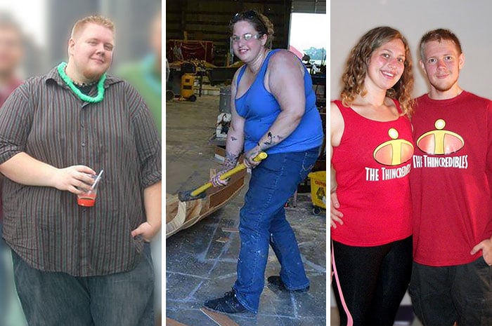 Pareja mostrando su antes y después de perder peso 