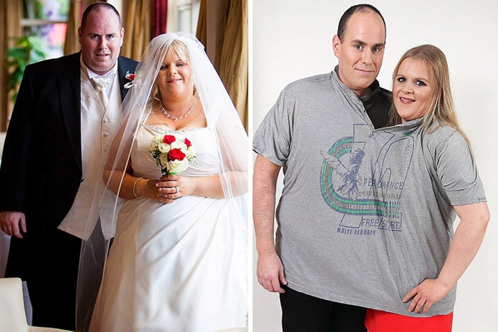 Pareja antes y después de perder peso luego de su boda 