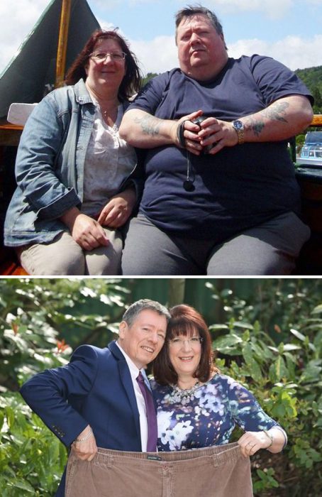 Pareja mostrando el antes y después de perder peso 