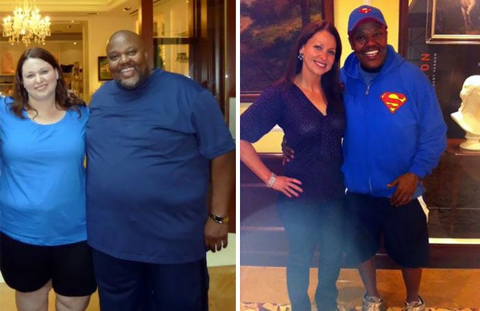 Pareja mostrando el antes y después de perder peso juntos 