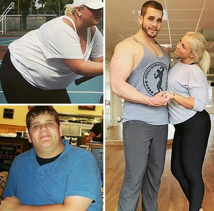 Pareja mostrando el antes y después de perder peso con el ejercicio 