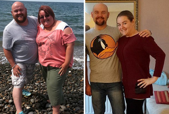 Pareja antes y después de perder peso 