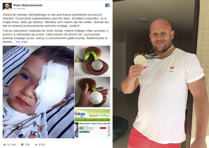 publicacion facebook niño con parche en ojo y hombre con medalla de plata 