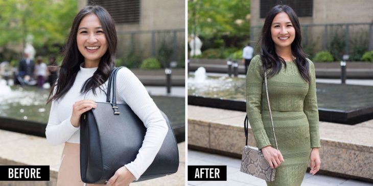 Antes y después de una mujer con bolso. 