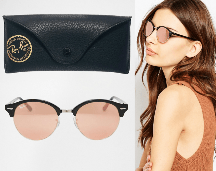 mujer blanca con lentes marca ray ban y estuche 