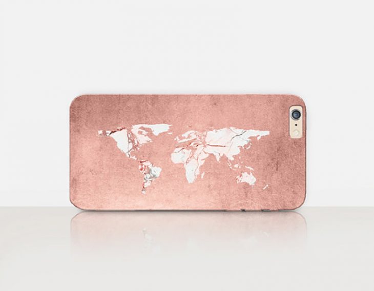 caratula de telefono celular con mapa del mundo color rosa gold 