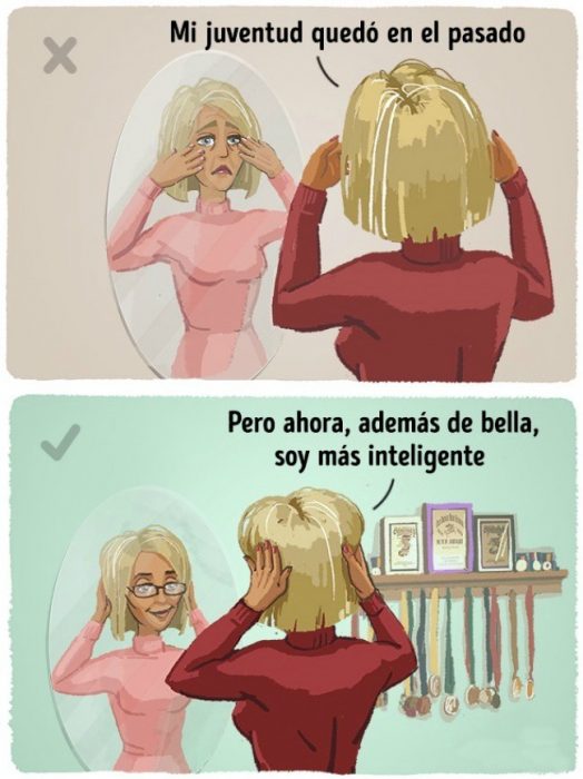 ilustración de mujer rubia frente a espejo 