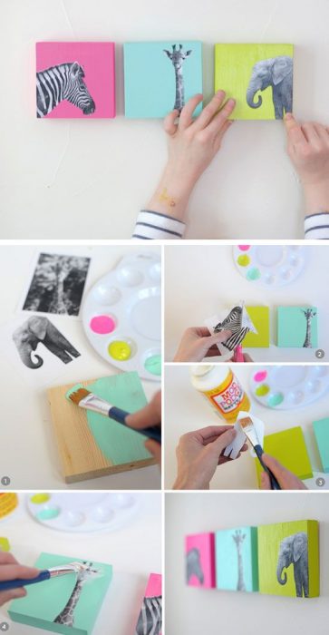 Cuadros de colores con animales pegados 