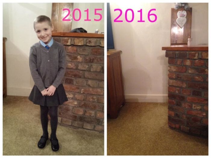 Foto de niña que sufria cáncer el día de la escuela en 2015 y después en 2016 