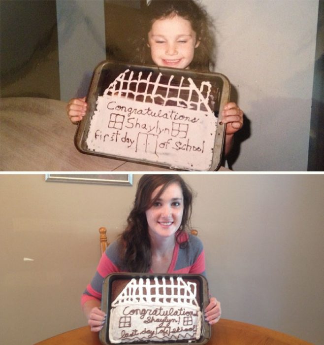 Chica sosteniendo un pastel el primer día de clases cuando era niña, y después sosteniendo un pastel similar el último día de clases 