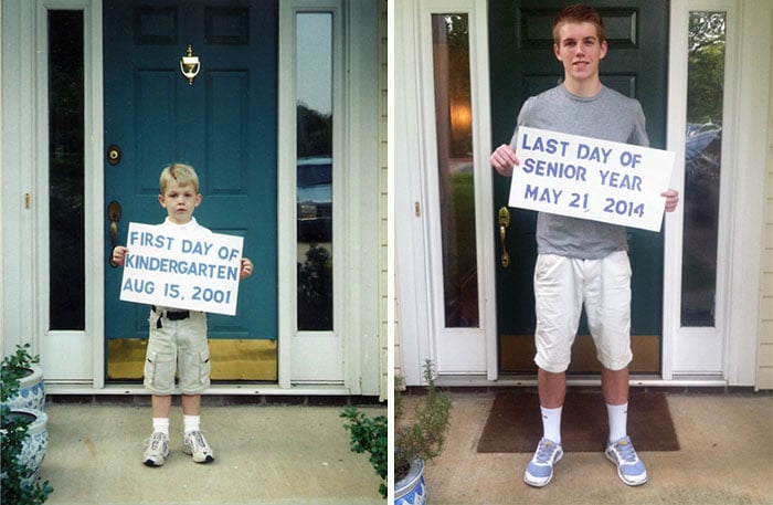 Chico sosteniendo un cartel el primer día de escuela vs. el último día de escuela 