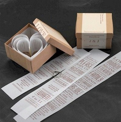 Inivitación en caja con papeles que forman corazón. 