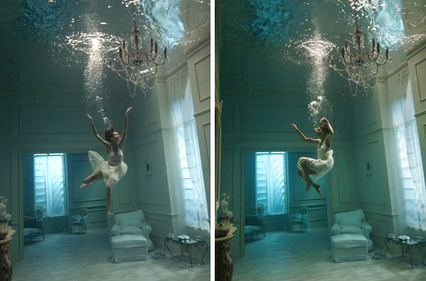 chica flotando en agua dentro de una casa