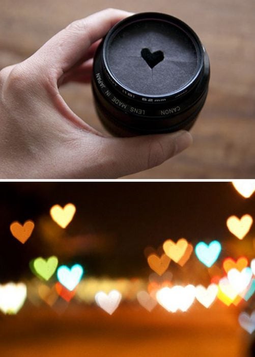 filtro para lente forma de corazón y paisaje con luces de corazones