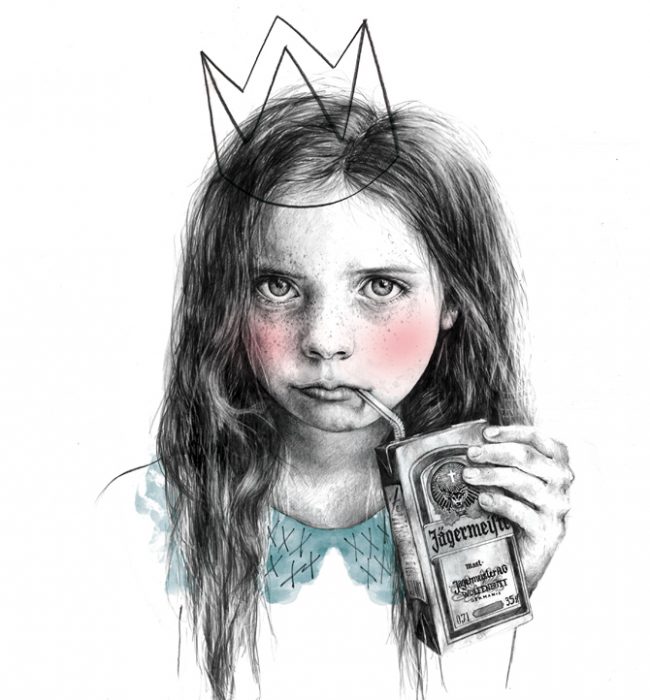 Ilustración de una niña con corona tomando jager. 