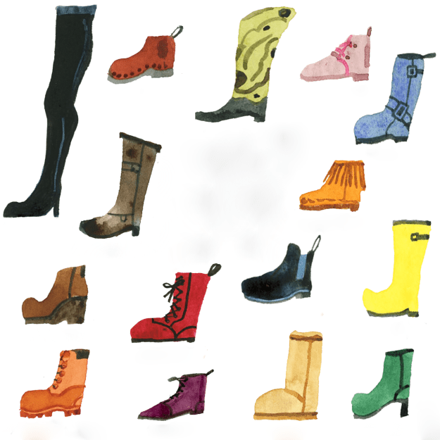 Botas de muchos tipos y colores. 