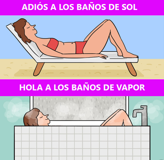 Baño de sol y baño en agua caliente.