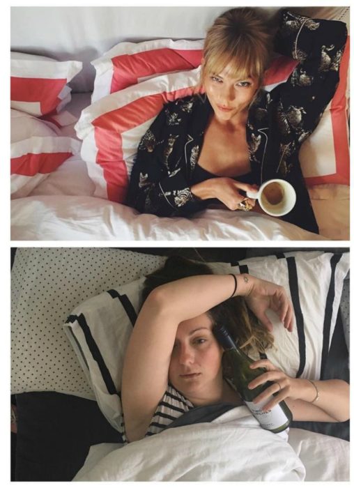 mujer en la cama con botella