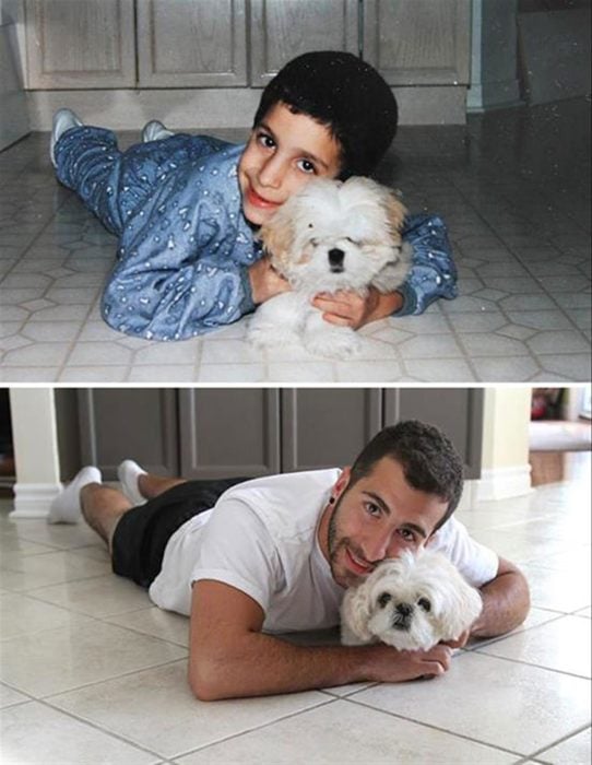 niño antes y despues en el suelo con su perro 