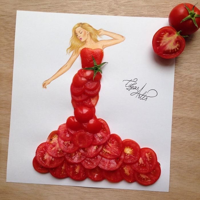 bocetos de vestidos creados con comida