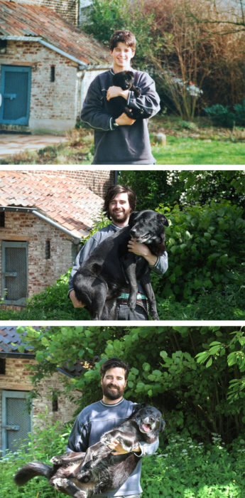 niño antes y después cargando a su perro 