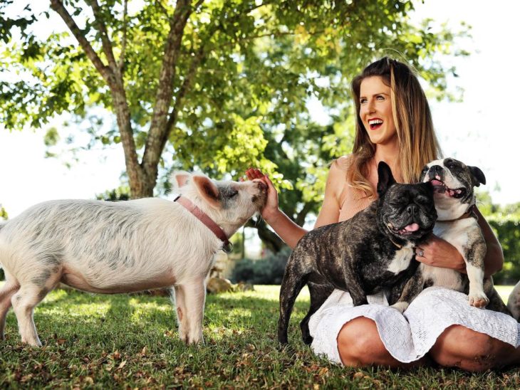 mujer rubia con cerdo y perros 