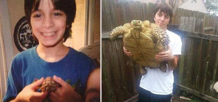 niño antes y después cargando su tortuga 