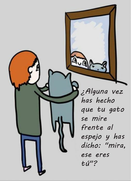 mujer pelirroja frente al espejo con gato ilustración 