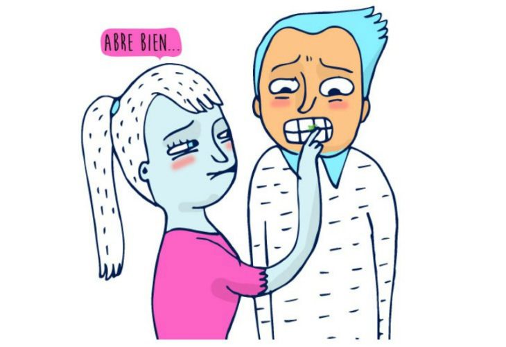 ilustración de mujer limpiando dientes a hombres 