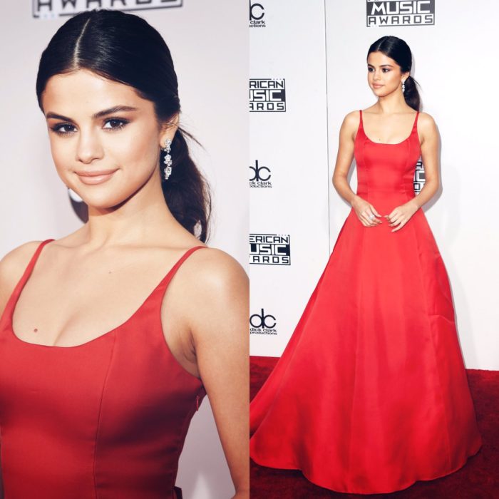 mujer morena de vestido rojo en alfombra roja 