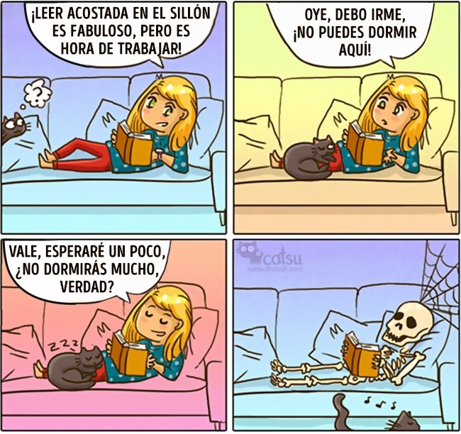 Cómic gato en casa cuando se sienta en tus piernas 