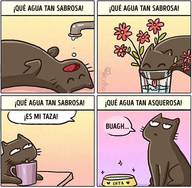 Cómic gato en casa bebiendo agua