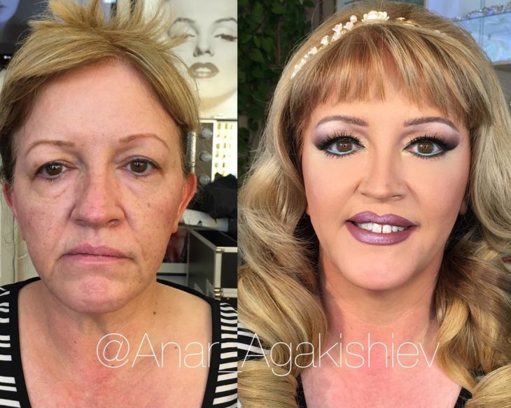 antes y después de una mujer a la que le regresaron su juventud con un poco de maquillaje 