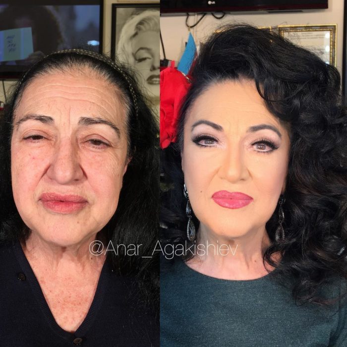 antes y después de una mujer a la que le regresaron su juventud con maquillaje 