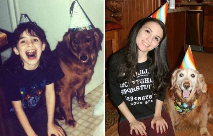 niña sentada con su perro antes y después 