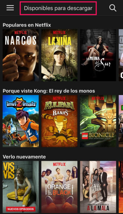 Captura de pantalla de Netflix de contenido disponible 