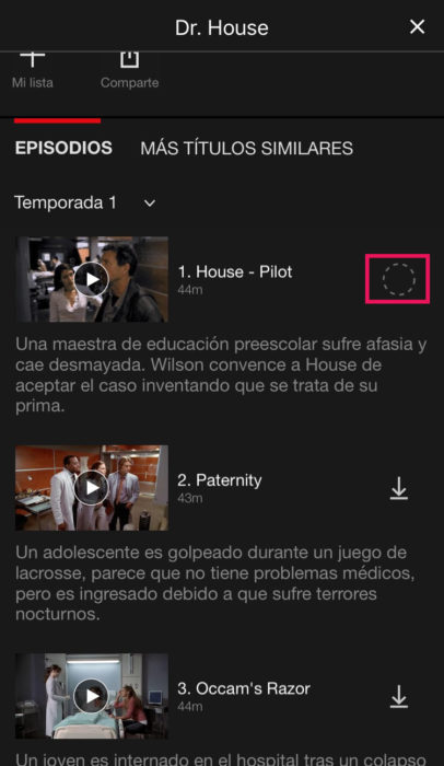 Captura de pantalla de Netflix descargando capítulo 