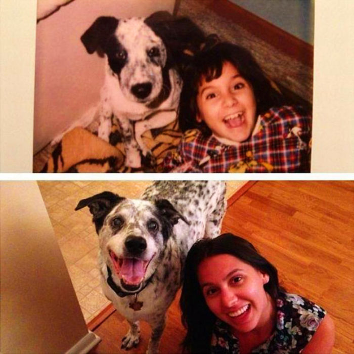 niña antes y después junto a perro 