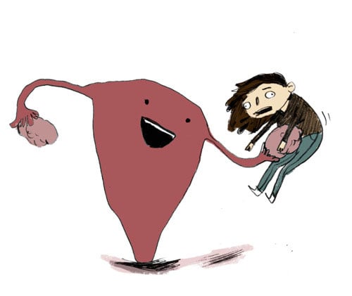 Ilustración de un útero golpeando a una muchacha. 