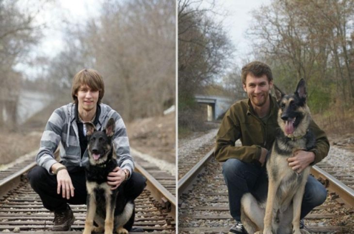 niño antes y después con su perro 