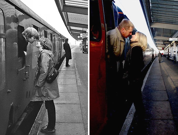 pareja besándose en estación de tren antes y después de 30 años