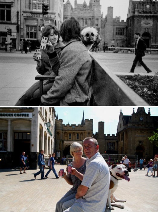 pareja sentada en plaza antes y después de 30 años 