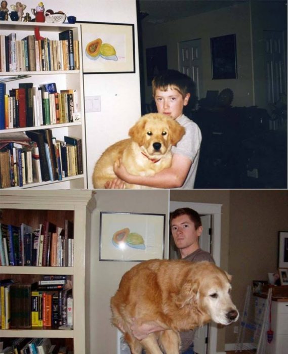 niño antes y después cargando a un perro 