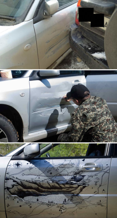 Hombre pintando el bache de su carro 