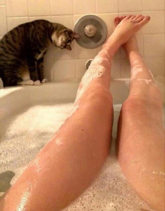 Chica bañándose junto a su gato 